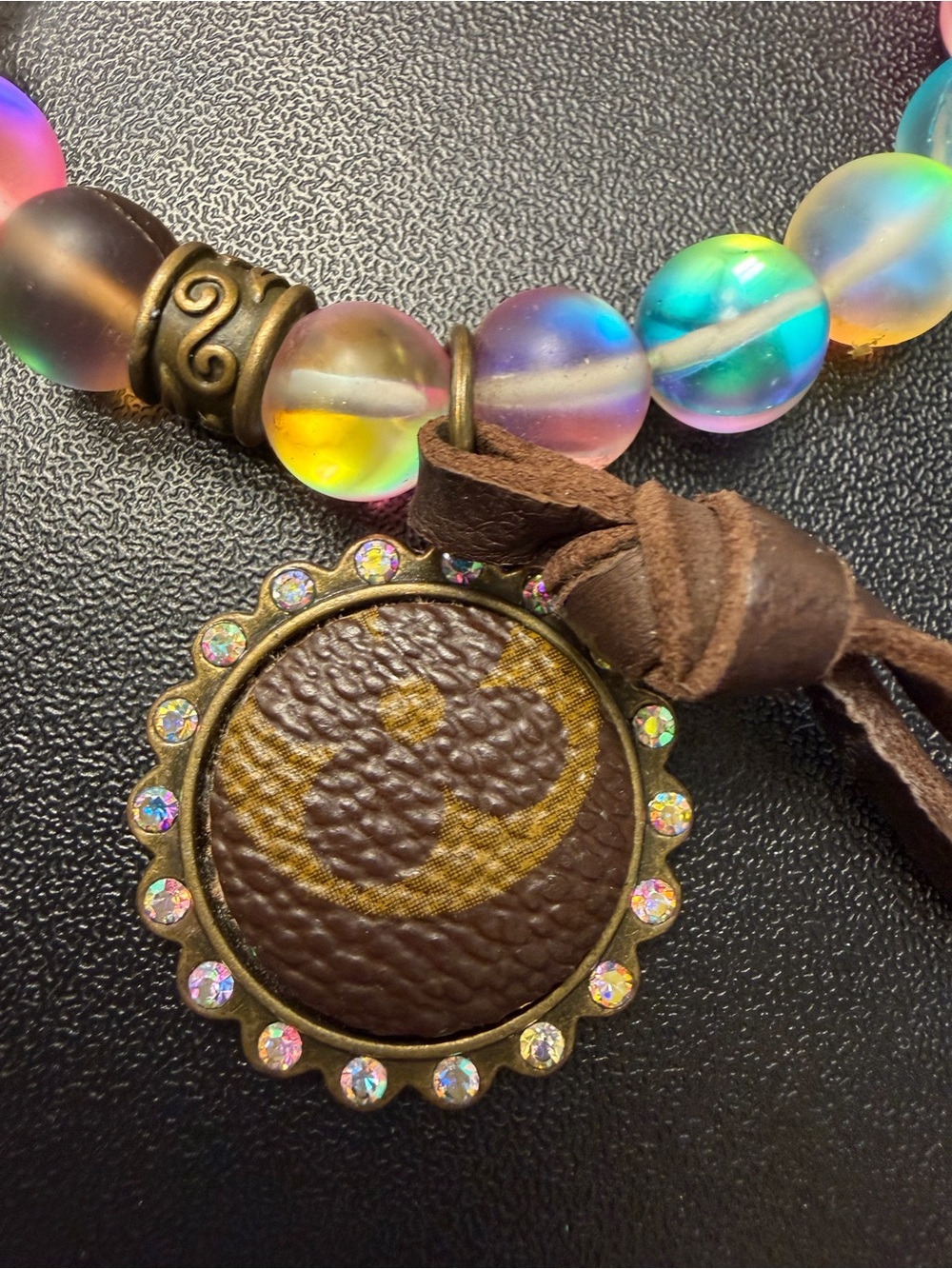 Multicolor Beaded Necklace with Brown LV Leather Pendant